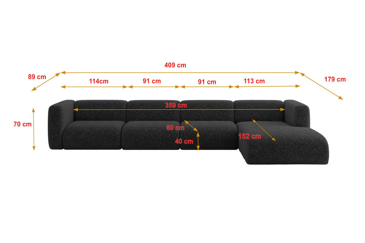 ECKSOFA Ottomane Rechts MIRA-L3 409x179x70 Schwarz Velours - Schwarz, Holzwerkstoff/Kunststoff (409/179cm) - ALTDECOR