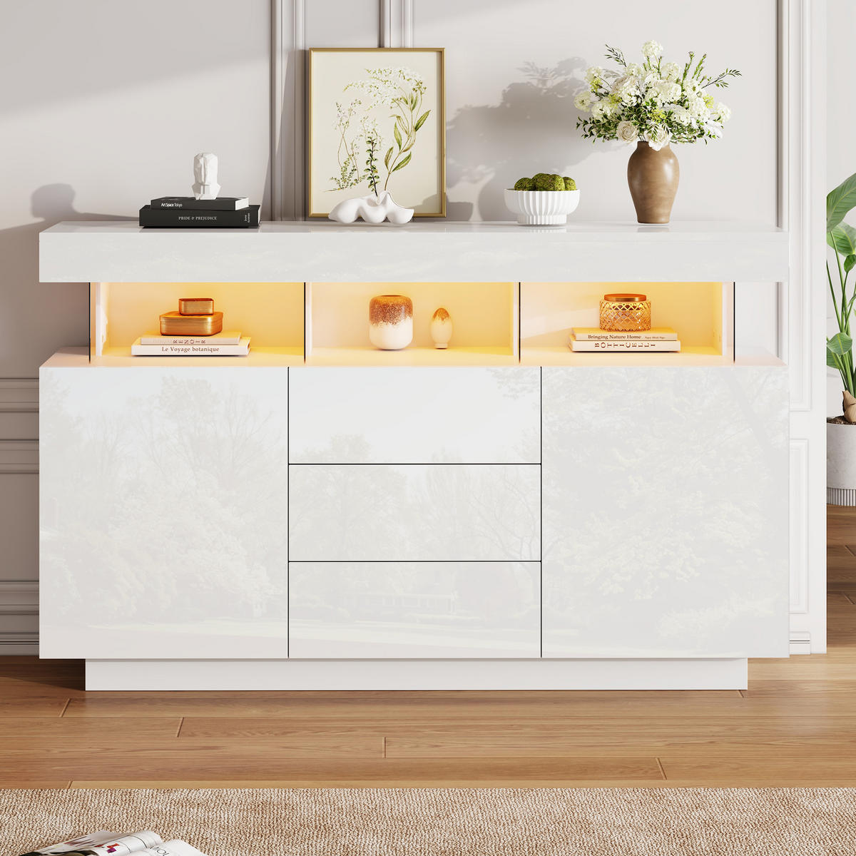 SIDEBOARD LED Weiß 16 Farben Hochglanz Acryl 140x35x80cm - Weiß, Holzwerkstoff (35/80/140cm) - FLIEKS