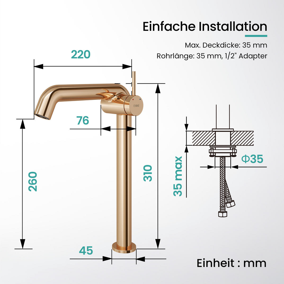 WASCHTISCHARMATUR Wasserzulaufrohr aus Edelstahl Rosengold 26cm - Roségold, Metall (22/7.6/33.2cm) - EMKE