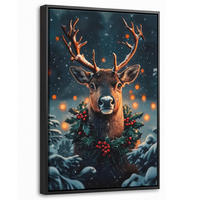 LEINWAND Bilder mit Rahmen - Hirsch - Weihnachten - Winter - Schnee - Weihnachtskranz - 20x30 - Dunkelbraun, Textil (20/30cm) - MuchoWow