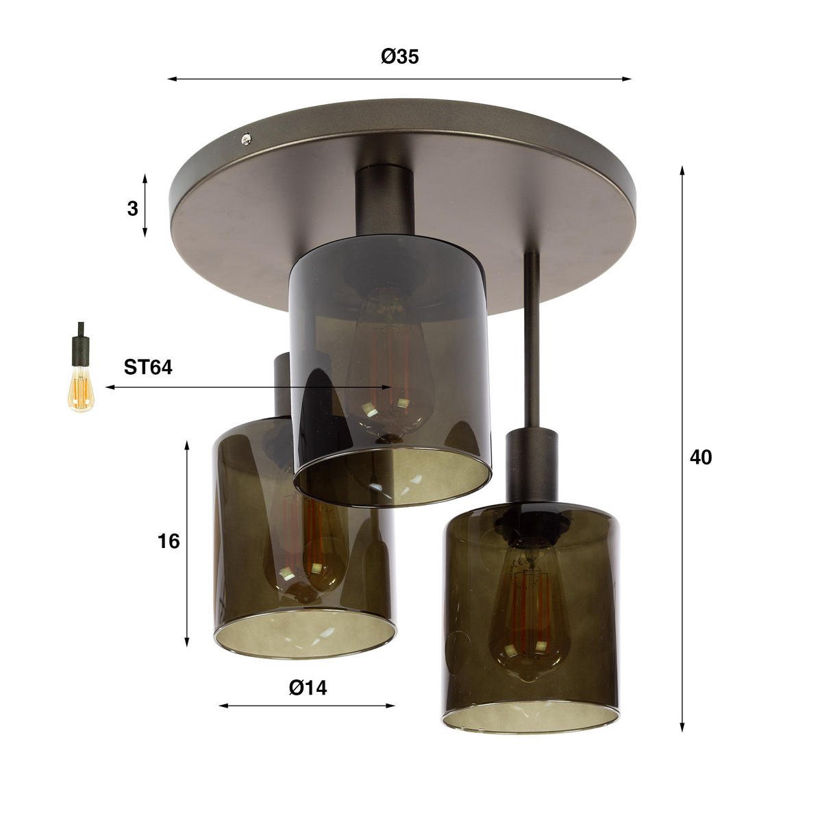 HOYZ Collection - Deckenleuchte Sepiora 3L - Schwarz, Glas (35/35/40cm) - Hoyz Collection