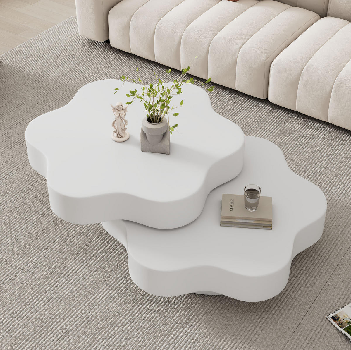 COUCHTISCH aus MDF 74,8x67,5x31 cm Cremeweiß mit 360° drehbarer Platte und 2 Ablageflächen in Blumenform - Weiß, Holzwerkstoff (74.8/67.5/31cm) - Modfu