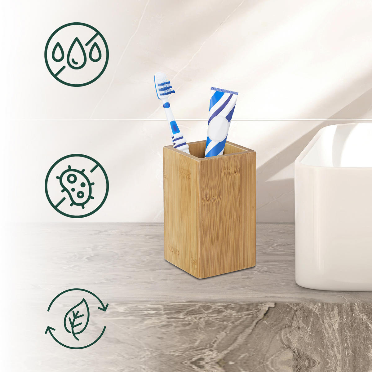 HRNČEK na zubné kefky - svetlohnedá, drevo (6.5/11/6.5cm) - Relaxdays