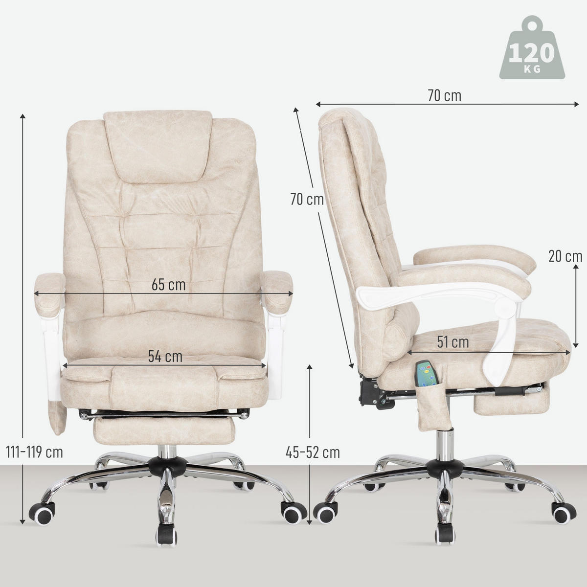 BÜROSTUHL Creme 70.0/65.0/119.0 cm - Creme, Textil (65/119/70cm)