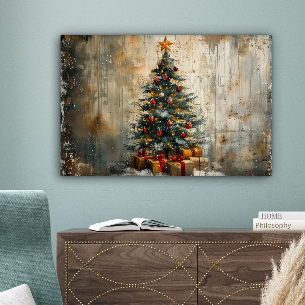 LEINWANDBILD Weihnachtsbaum - Vintage - Weihnachten - Geschenk Gemälde 60x40 cm - Rostfarben, Textil (60/40cm) - MuchoWow