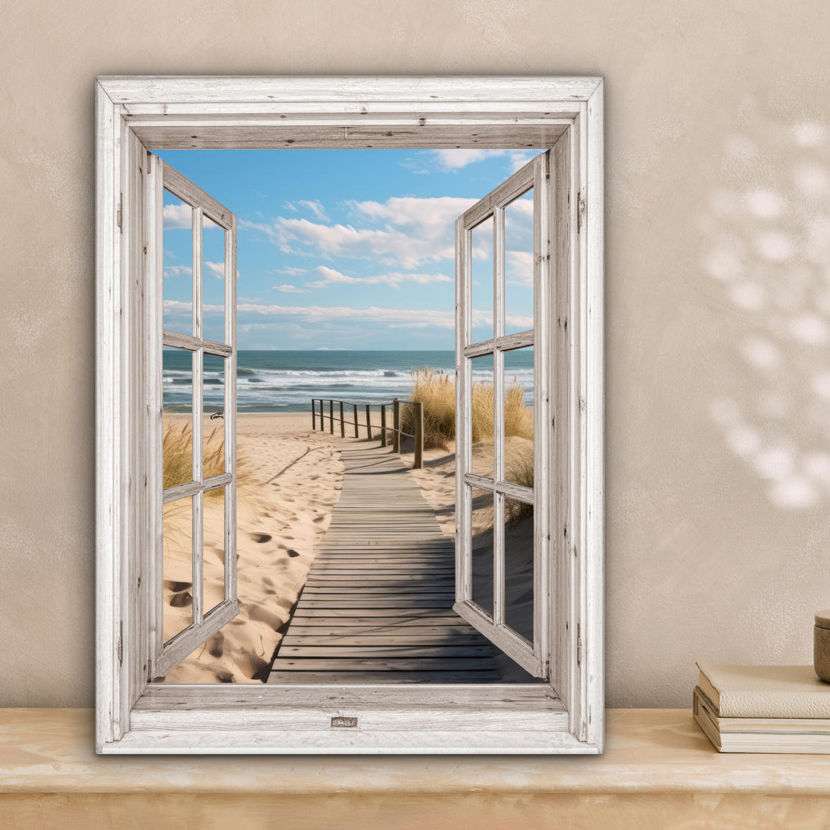 LEINWANDBILD Fenster - Meer - Küste - Natur - Ausblick - Strand - Wattenmeer 30x40 cm - Beige, Textil (30/40cm) - MuchoWow