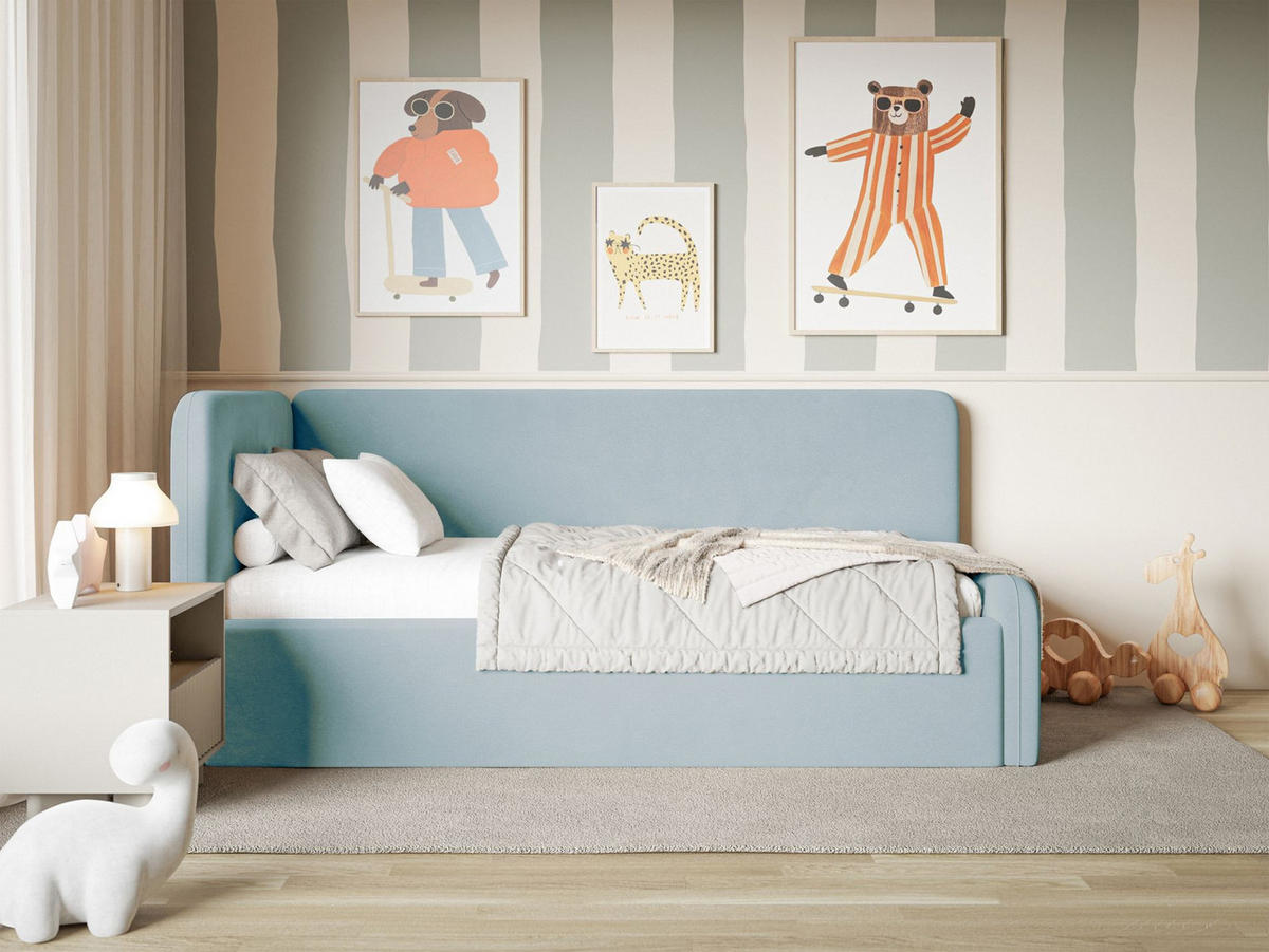 JUGENDBETT Fanko Samt Hellblau 90x200 cm - Schwarz/Hellblau, Kunststoff/Textil (90/200cm) - Selsey