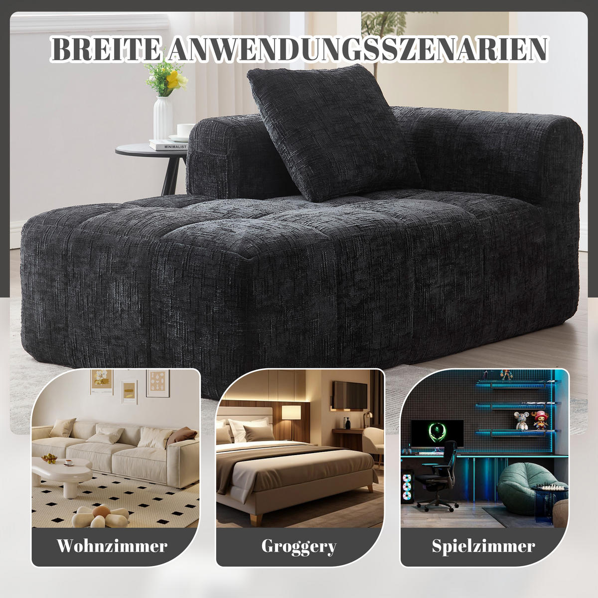 CHAISELONGUE Sofa Chenille mit Seitentaschen und Kissen 158/90/60 cm Schwarz - Schwarz, Textil (60/158/90cm) - Redom
