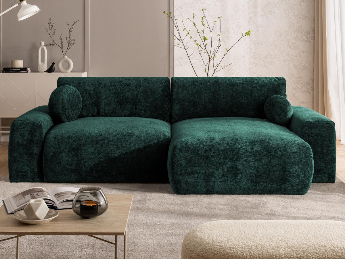 ECKSOFA Puffy mit Schlaffunktion und Bettkasten - besonders weich und puffig aus Grün Stoff mit Chenillestruktur - Ottomane rechts - Schwarz/Grün, Holz/Kunststoff (266/138cm) - S-Style Möbel