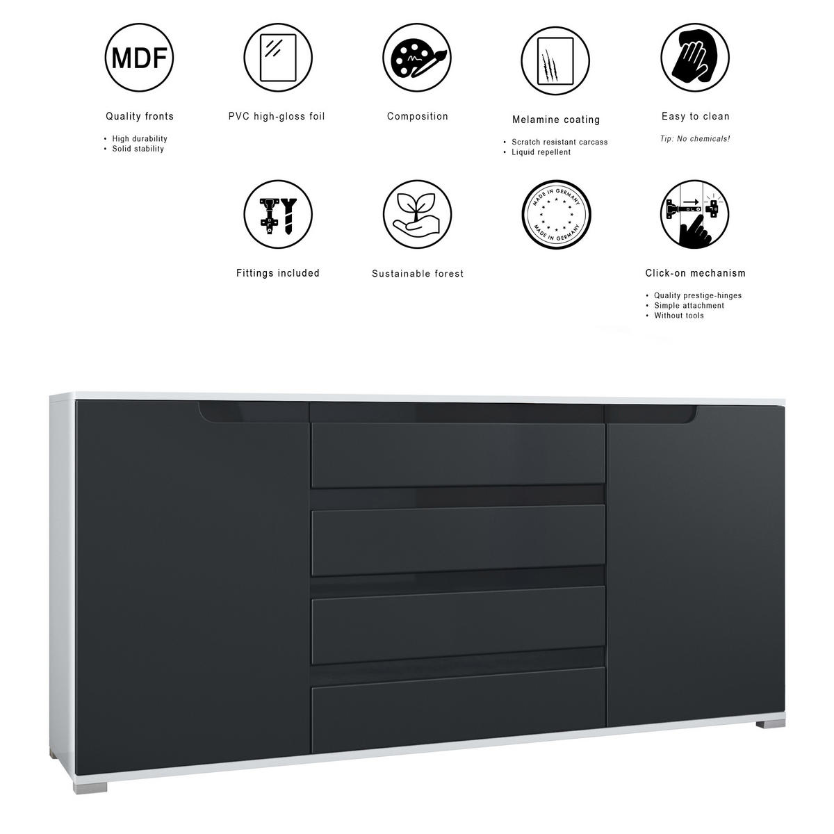 SIDEBOARD Sylt Brombeer Hochglanz / Weiß Hochglanz - Brombeere, Holzwerkstoff (166.5/75.5/35cm) - Vladon