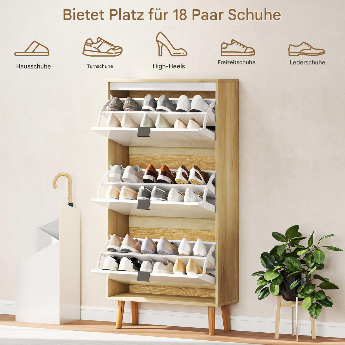 SCHUHSCHRANK, schmaler Schuhschrank, 3 Klappschubladen, Hochglanztür, 60 x 24 x 127 cm, weiß - Weiß, Holzwerkstoff (60/127/24cm) - HOMCOM