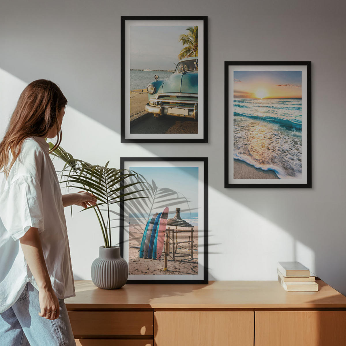 BILDER SET 3er Set - 40x60 cm Schwarzer Rahmen - Sonnenuntergangsurlaub in Miami - Schwarz, Kunststoff (40/60cm) - TULUP