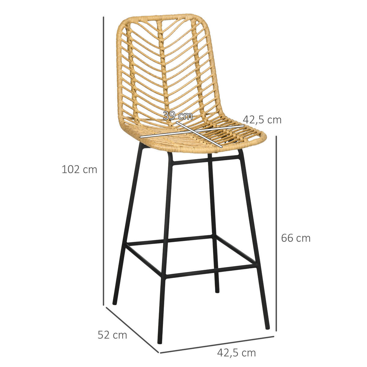 BARHOCKER 4er-Set DE-14819 Korbgeflecht-Rückenlehne mit Fußstütze Gelb - Gelb, Metall (42.5/102/52cm) - ComfortXL