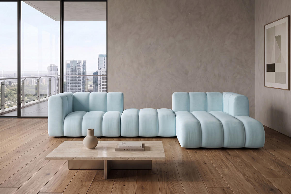 ECKSOFA Modulares In L-Form, Velvet-Stoff Riviera, Babyblau, Rechts, GRAND 319 cm - Hellblau, Holz (319/175cm) - Kaiser Möbel