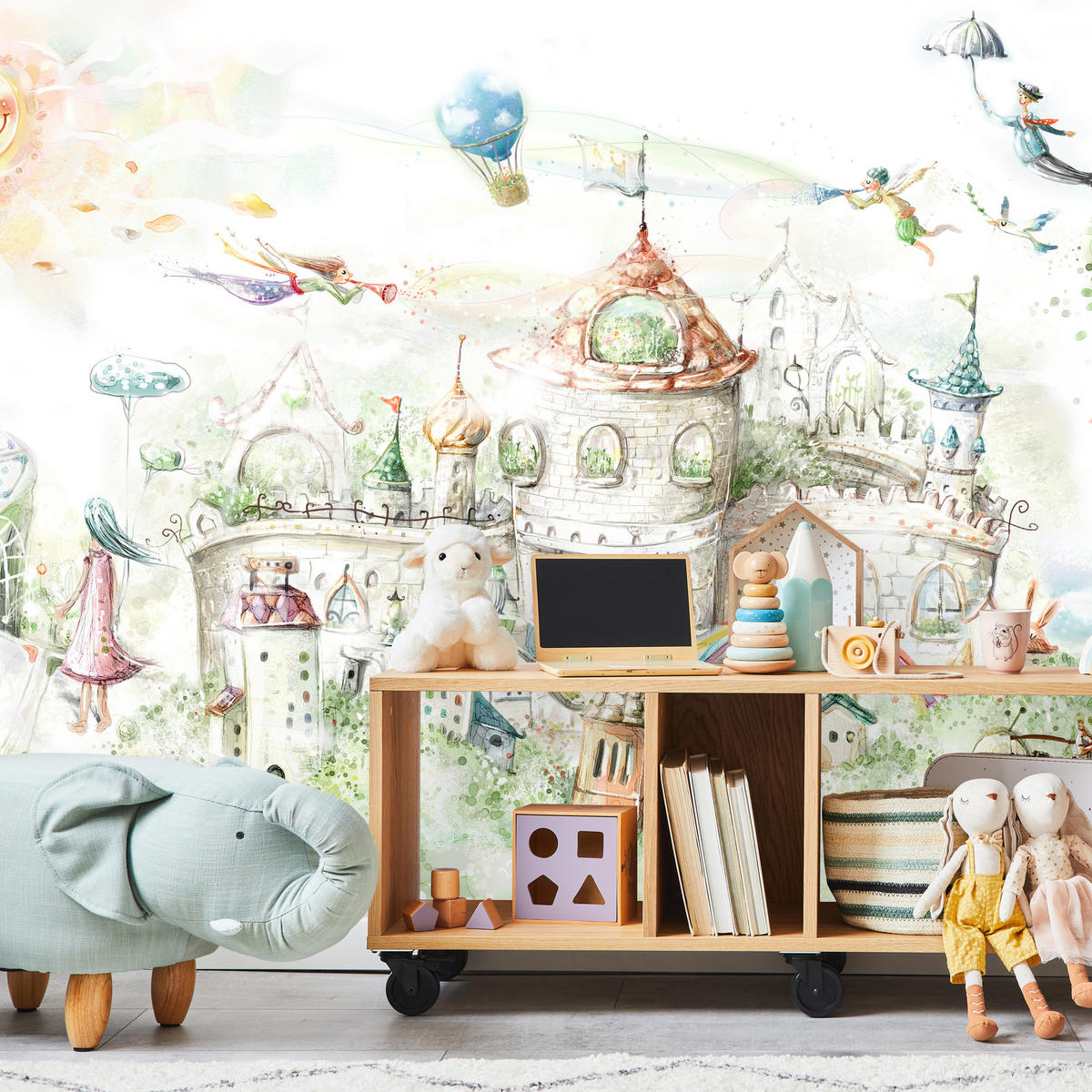 FOTOTAPETE für Kinderzimmer Märchenstadt Schloss Magisch 350x256 - Blau/Gelb, Papier (350/256cm) - Muralo