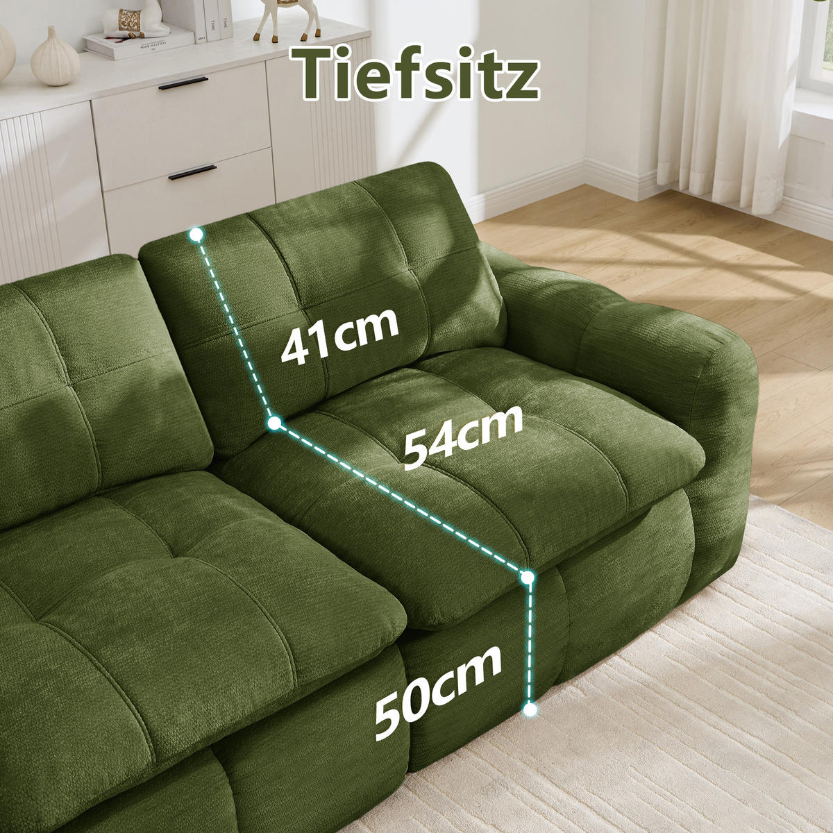 2-SITS SOFFA Chenille grön med kvadratisk tuftning, monteringsfri - Grön, Textil (194/68/97cm) - Urban Meuble