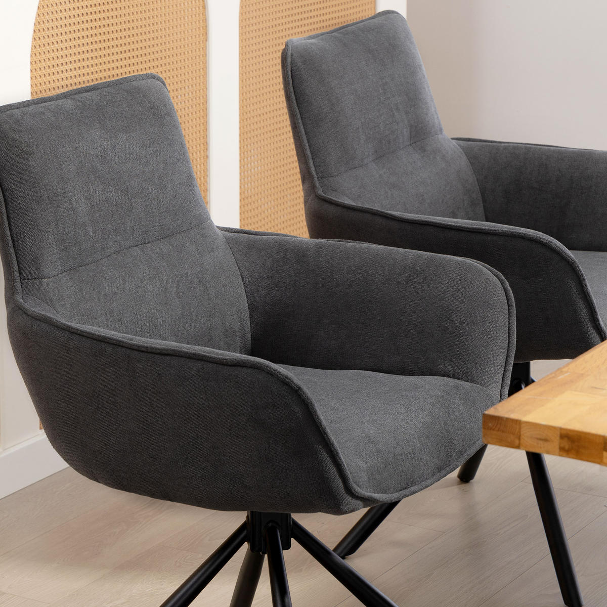 ESSZIMMERSTÜHLE DE-06897 2er-Set drehbar mit Armlehnen Dunkelgrau - Dunkelgrau, Textil/Metall (64/87/67cm) - ComfortXL