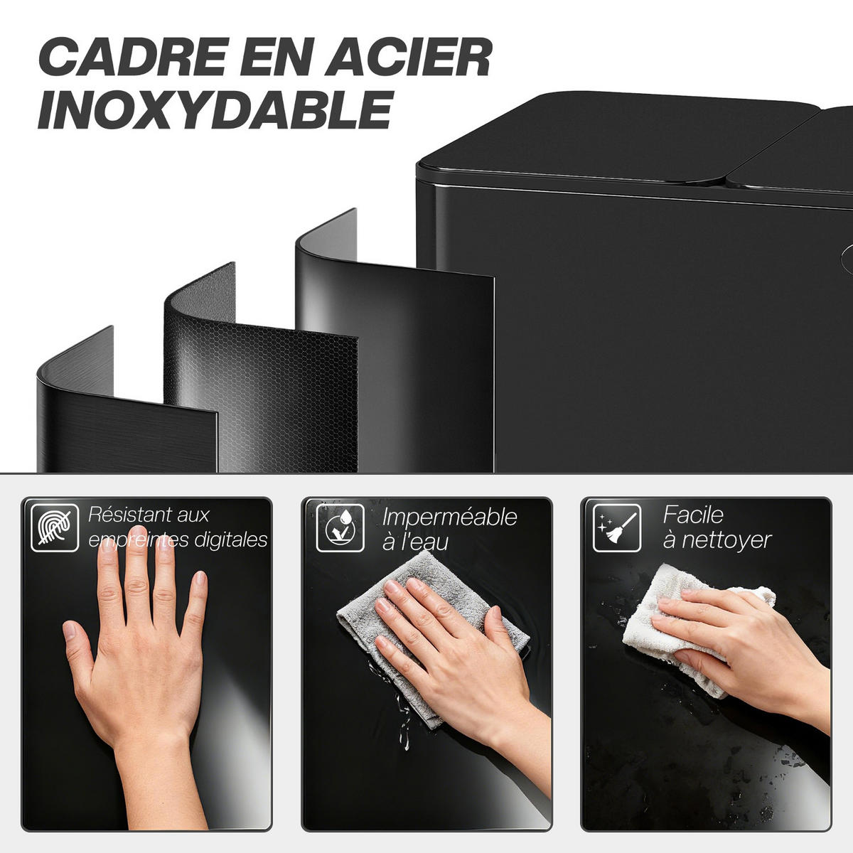 MÜLLTRENNSYSTEM 3 FÄCHER 60L 61,9/36,6/56,7 cm Edelstahl Schwarz Küchenmülleimer mit Absenkautomatik - Schwarz, Metall (36.6/56.7/61.9cm) - Rolipo