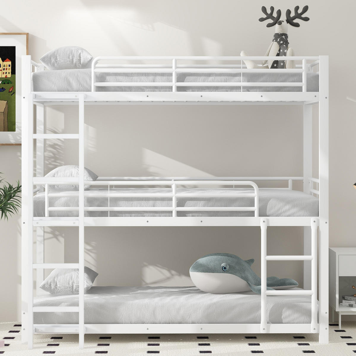 ETAGENBETT 90/200 cm aus Metall in Weiß, Dreifach-Design mit Leiter - Weiß, Metall (90/200cm) - Flora Grace