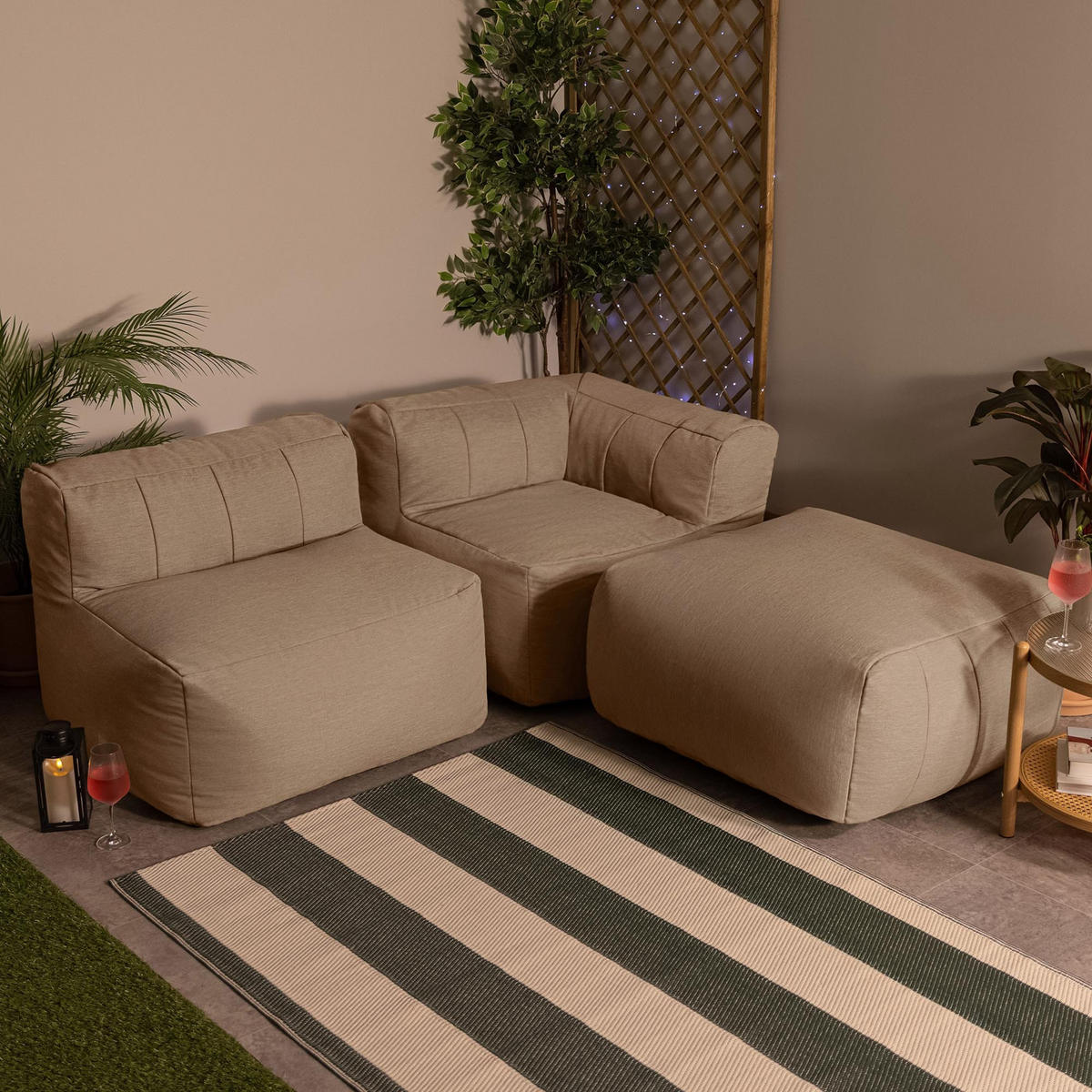 SITZSACK-SOFA Outdoor 3-tlg.: Ecksessel, Sessel, Fußstütze - Beige, Textil (195/68/100cm) - icon