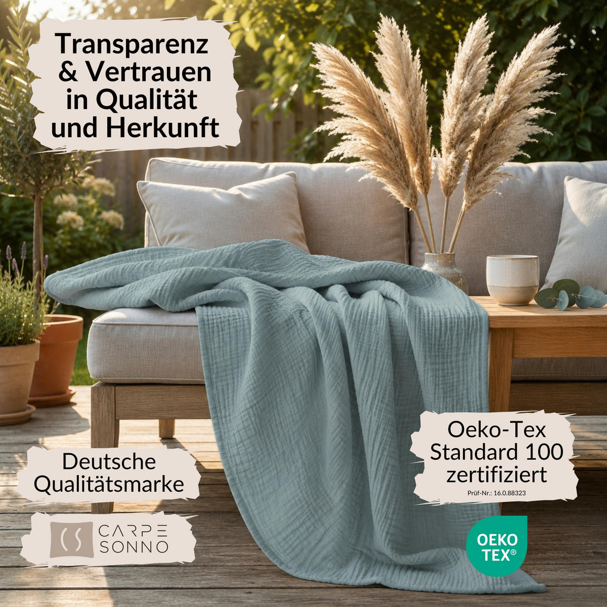 WOHNDECKE Musselin 150 x 200 cm, Leichte Kuscheldecke aus 100% Baumwolle - Nutzbar als Tagesdecke, Plaid oder Decke für Sofa, Couch & Bett - Blau - Blau, Textil (150/200cm) - Carpe Sonno