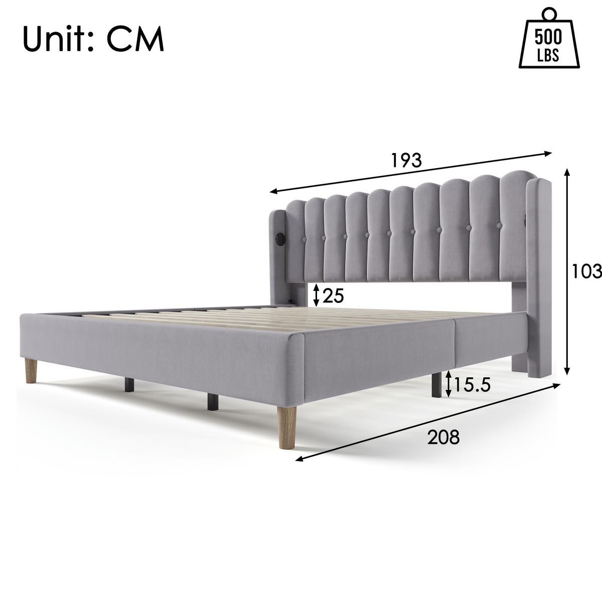 POLSTERBETT 180/200 cm Grau aus Leinen mit USB- und Typ-C-Ladefunktion - Grau, Textil (180/200cm) - OKMYHOME