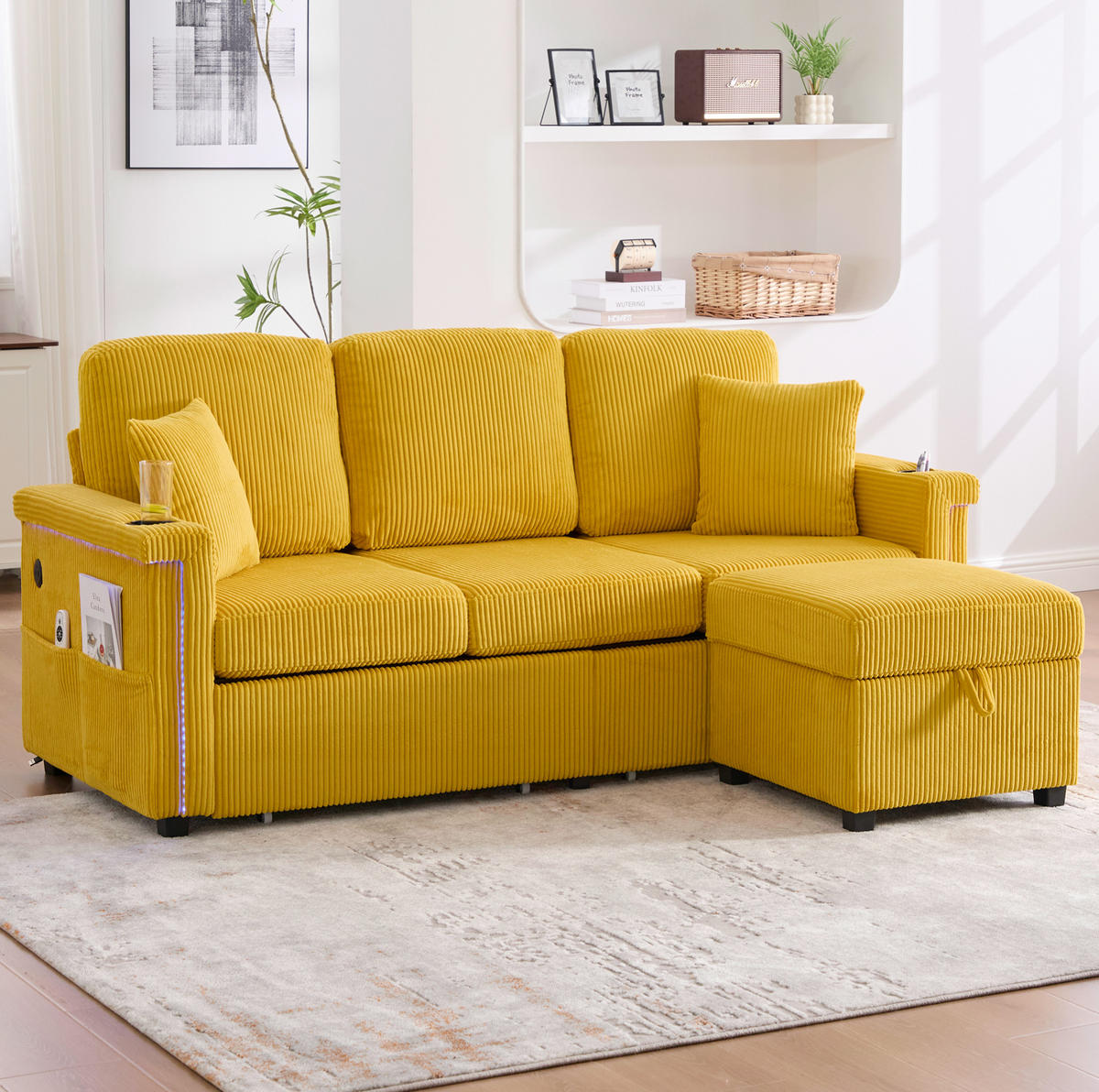 SOFA mit LED und USB/Type-C 194 x 73 x 81 cm Mustard Yellow - Gelb, Kunststoff (194/81/73cm) - Meubliv