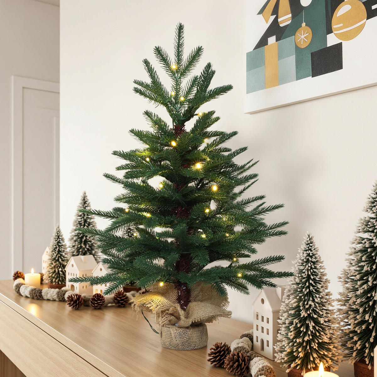MINI Weihnachtsbaum 68 cm mit LED & Jutebasis - Grün, Kunststoff (43/68cm) - Hometopia