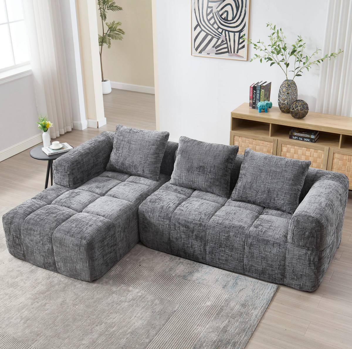 ECKSOFA 250/158/60 cm grau aus Chenille mit Seitentaschen - Grau, Textil (250/158cm) - OKWISH