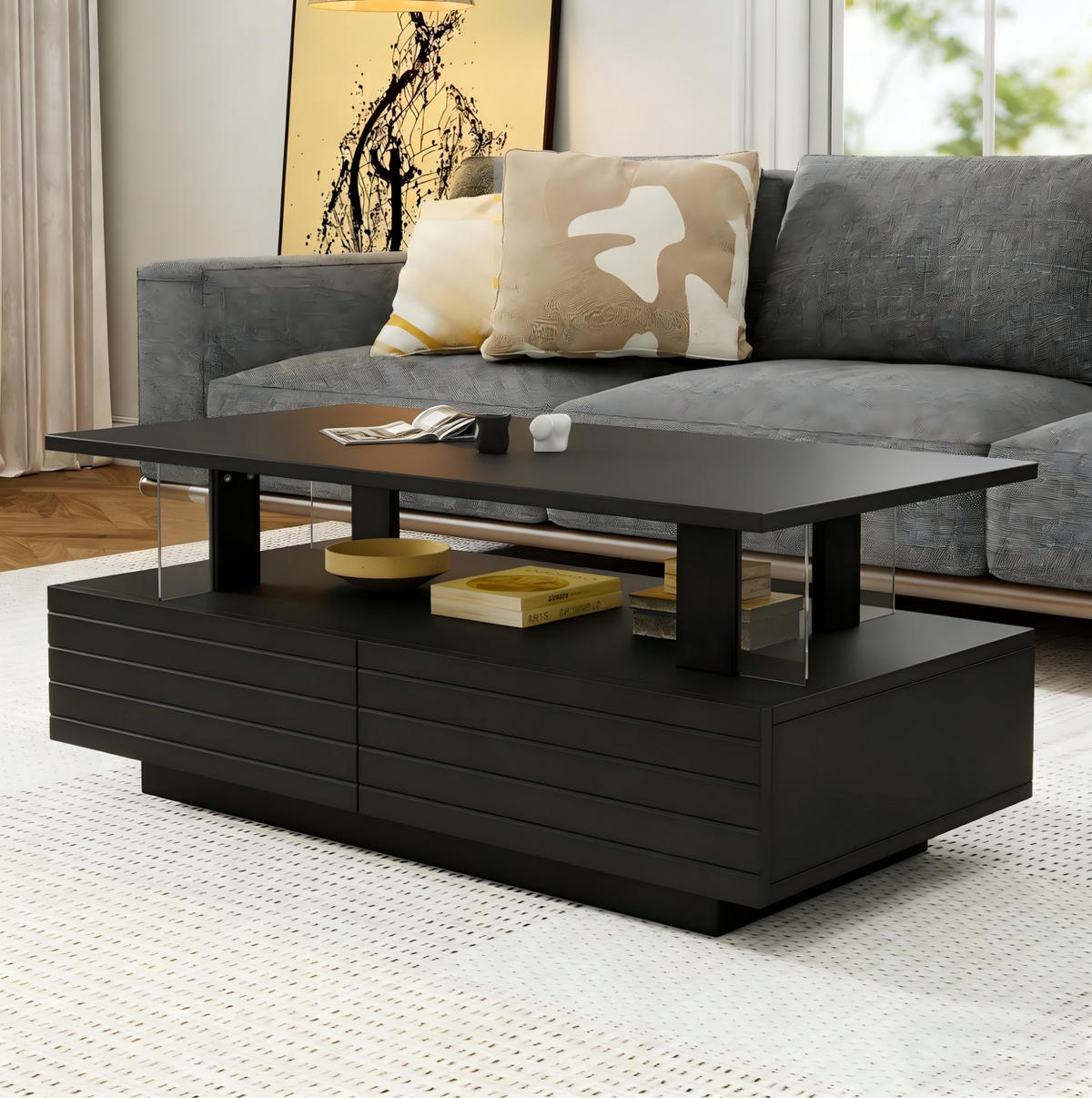 COUCHTISCH, Acryl Schwarz mit LED‑Beleuchtung, App- & Fernbedienung, doppelschichtiges Regal, 100/50/42 cm,Schwarz - Schwarz, Kunststoff (100/50/42cm) - Redom