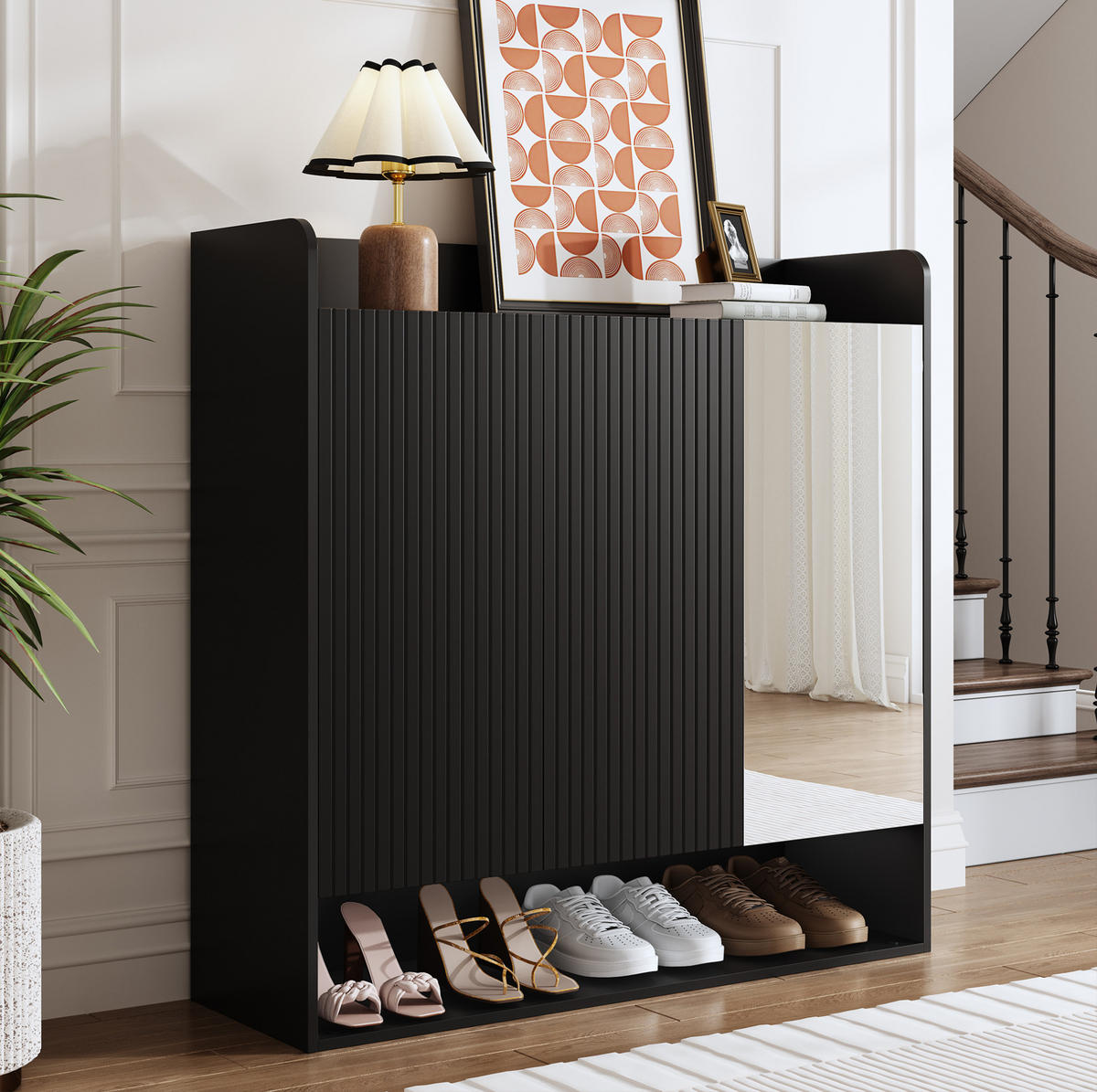 SCHUHSCHRANK 110/35,5/110 cm in Schwarz mit 3 Türen und Ganzkörperspiegel - Schwarz, Holzwerkstoff (110/110/35.5cm) - BEAOK