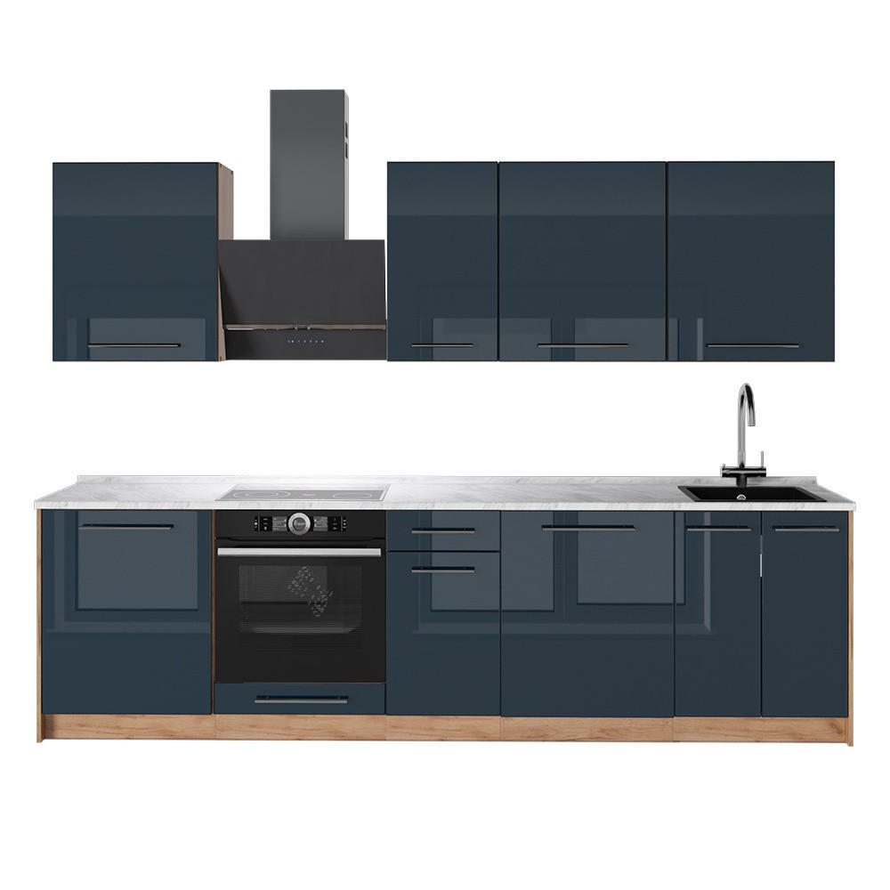 KÜCHENZEILE Fame-Line, Dunkelblau Hochglanz/Goldkraft Eiche, 280 cm, AP Marmor - Honigeiche/Dunkelblau, Holzwerkstoff (280/82/60cm) - Vicco