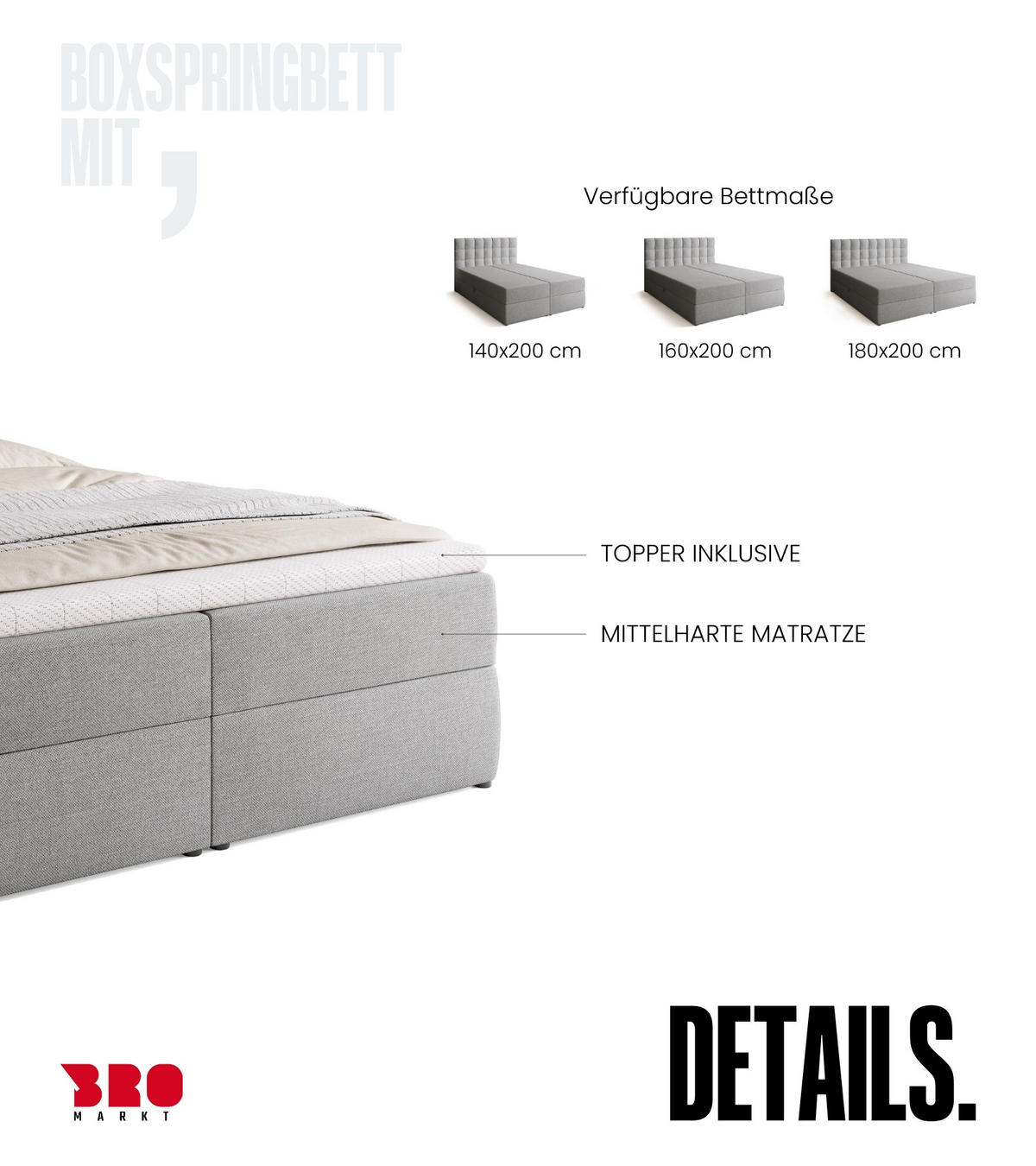 BOXBETT Detroit mit Topper 160/200 Hellgrau - Hellgrau, Holzwerkstoff/Textil (160/200cm) - Bromarkt