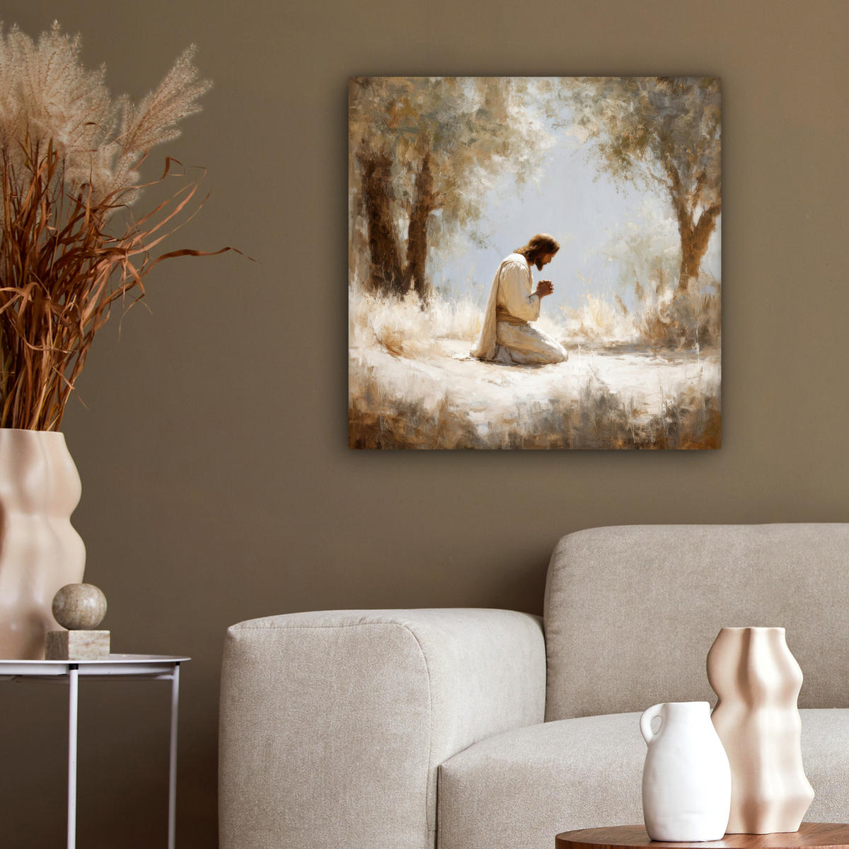 LEINWANDBILD Jesus - Kniend - Waldlandschaft - Betend Wandbild Wohnzimmer 50x50 cm - Beige/Hellblau, Textil (50/50cm) - MuchoWow