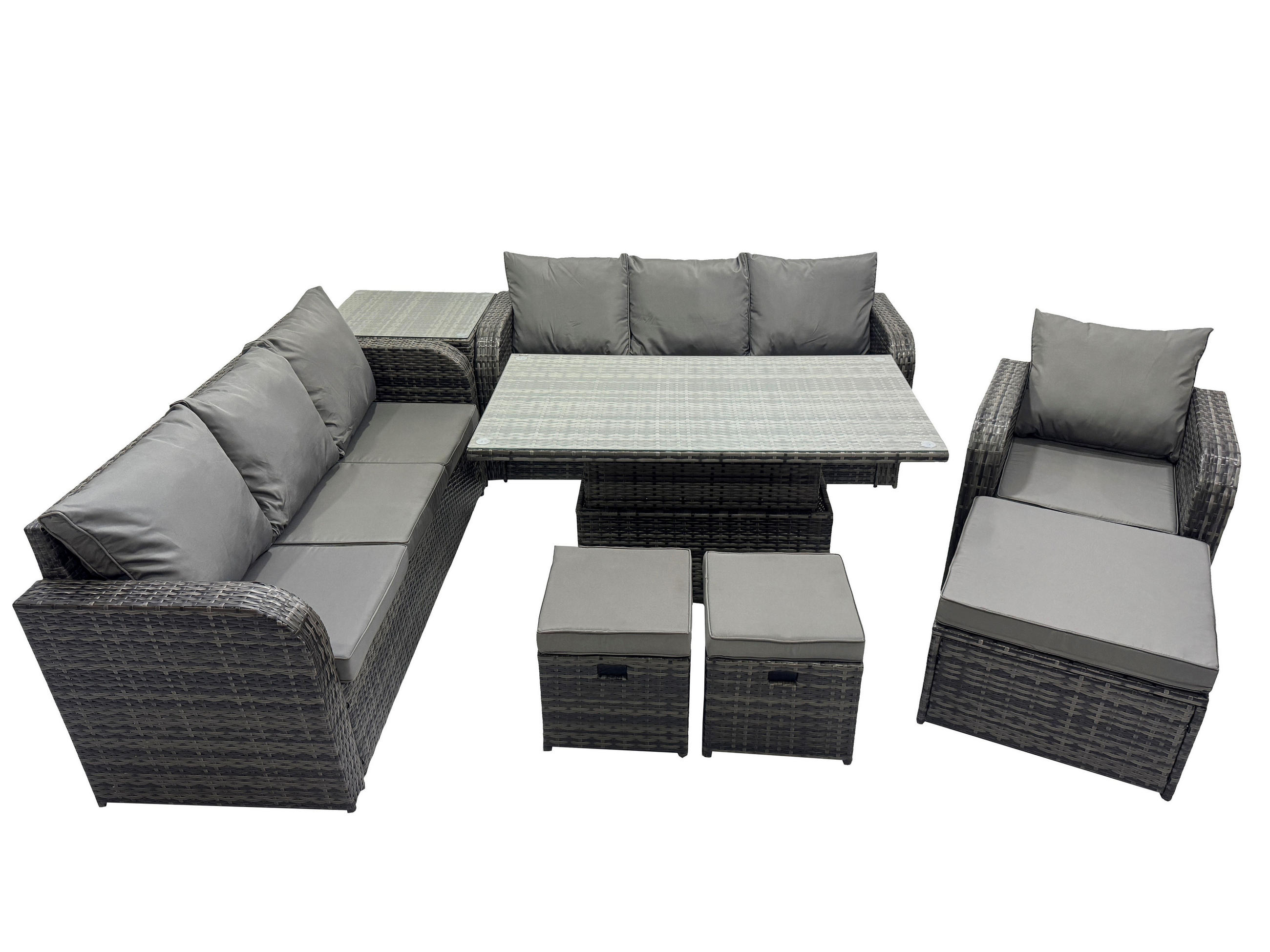 GARTENMÖBELSET mit Höhenverstellbarer Esstisch Polyrattan 10-Sitzer Grau - Dunkelgrau/Grau, Glas/Kunststoff - Fimous