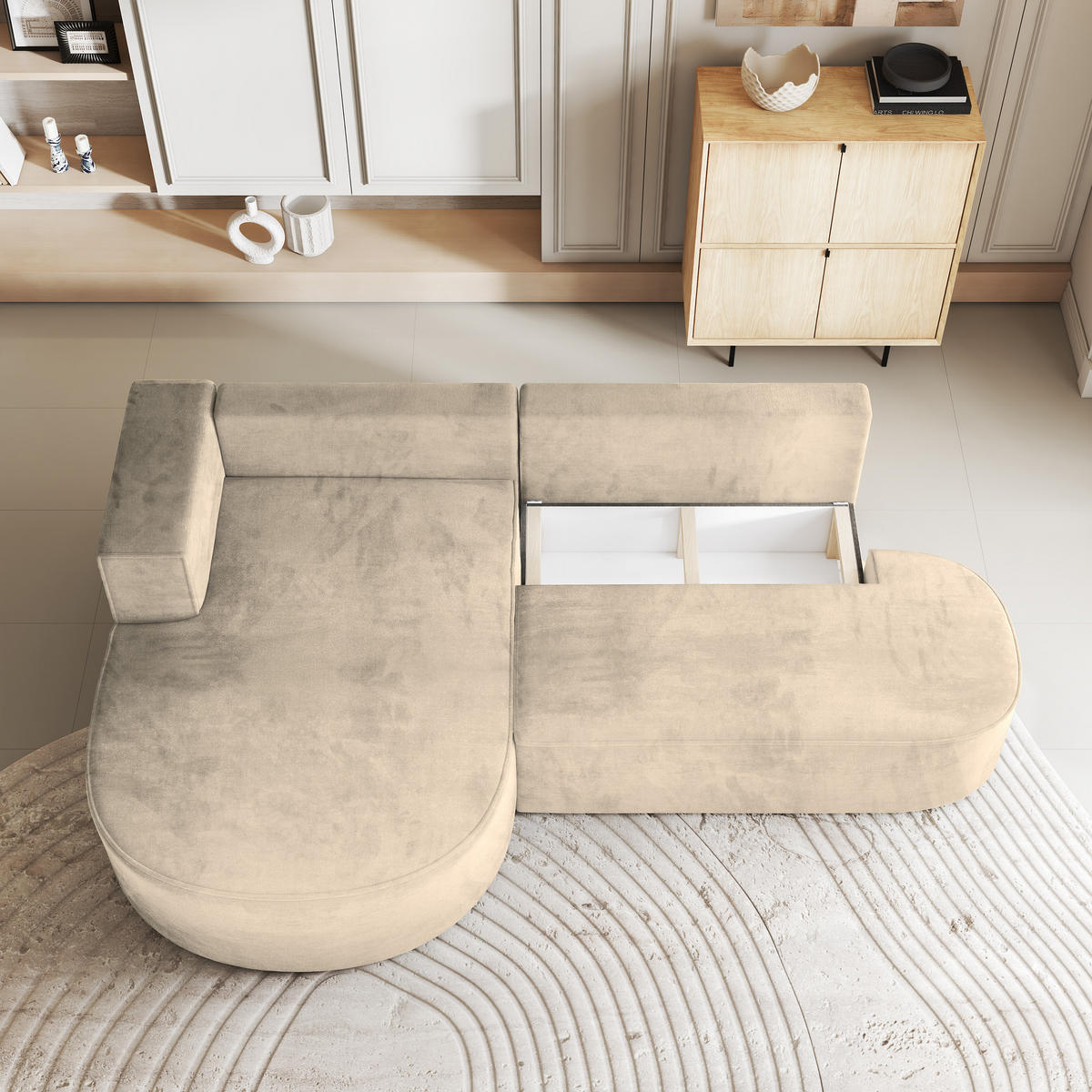 ECKSOFA CORTIO M L-S Creme Velours-Stoff mit Schlaffunktion - Creme, Holz (265/174cm) - MASSENO