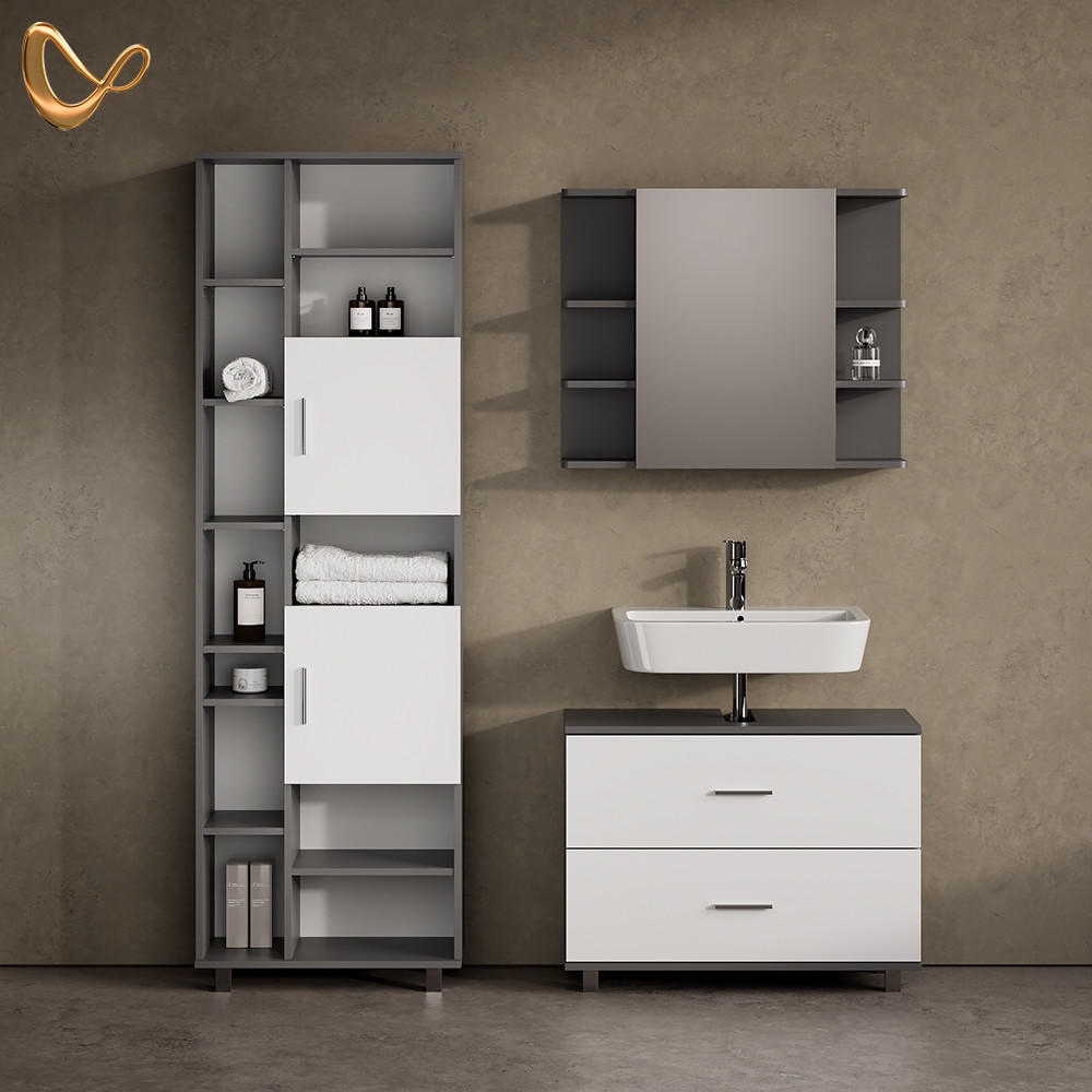 Thumbnail - Livinity® Badmöbel-Set, Weiß, Anthrazit, Holzwerkstoff, 8 Fächer, 2 Schubladen, 80x60x33 cm, Badezimmer, Badmöbelsets & ...