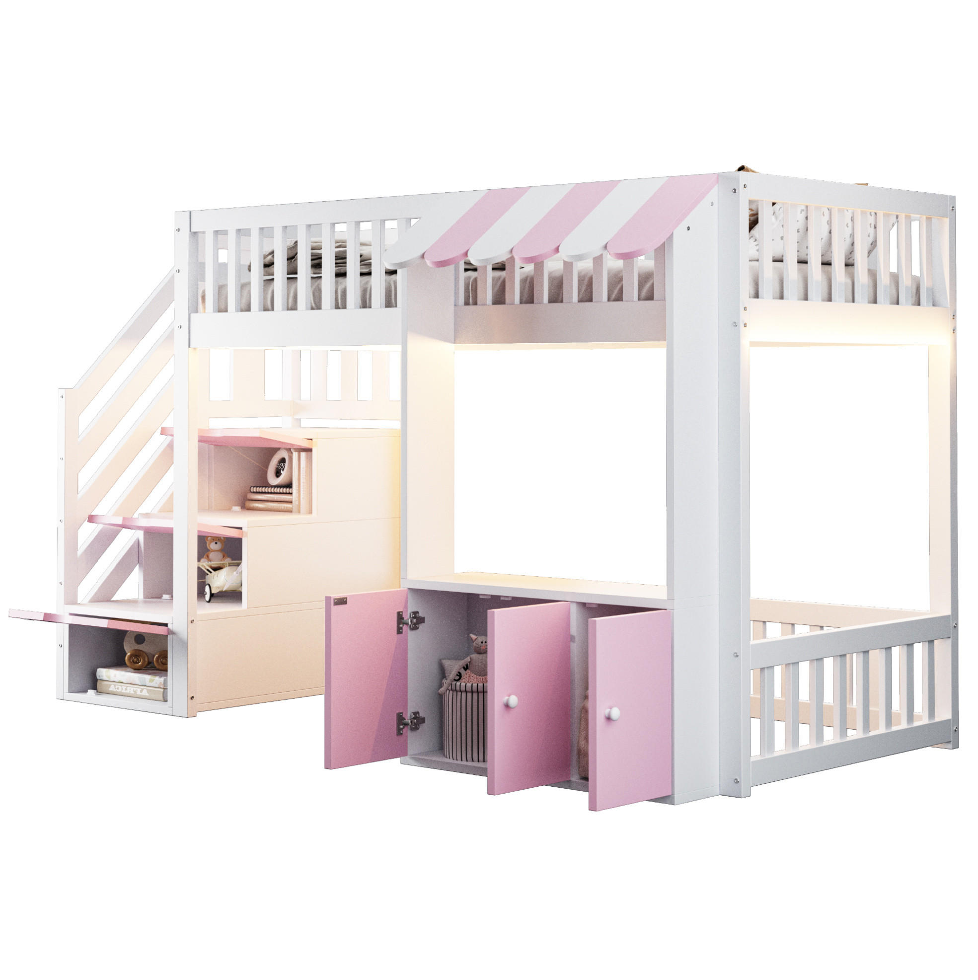 HOCHBETT aus Kiefernholz und MDF 90x200 cm Rosa/Weiß mit Stauraumtreppe, Schrank und LED-Beleuchtung - Weiß, Holz (90/200cm) - Modfu
