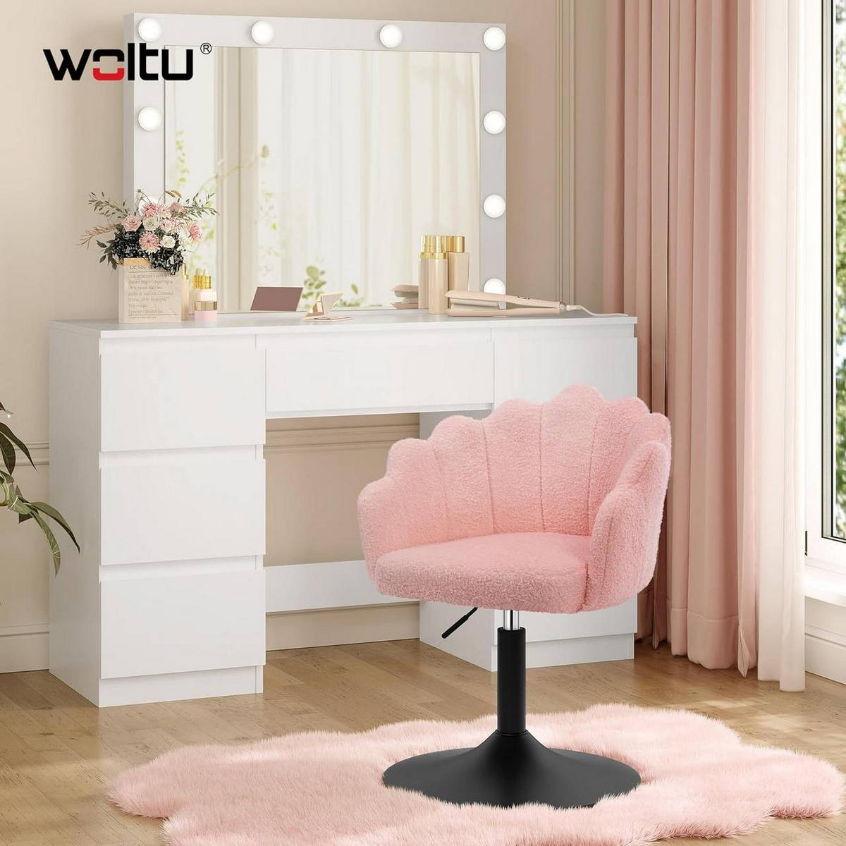 DREHSTUHL, Blumenform, Boucle-Stoff, Schminkstuhl, Rosa - Schwarz/Rosa, Textil/Metall (55/67/50cm) - Woltu