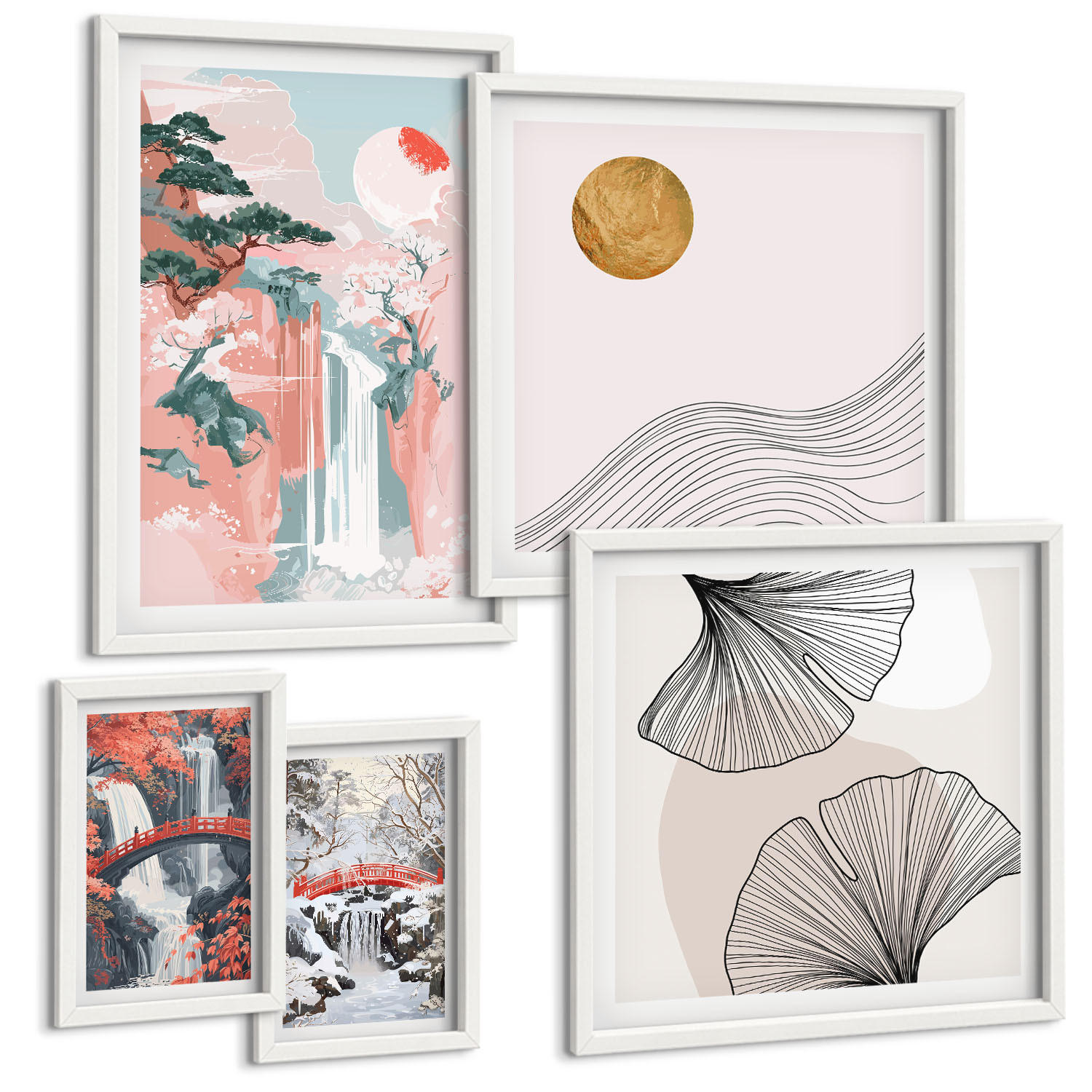 BILDER SET 5er Set - 50x50 cm & 20x30 cm & 40x60 cm Weißer Rahmen - Wasserfälle, Brücken, Bäume, Jahreszeiten - Weiß, Kunststoff (40/60cm) - TULUP