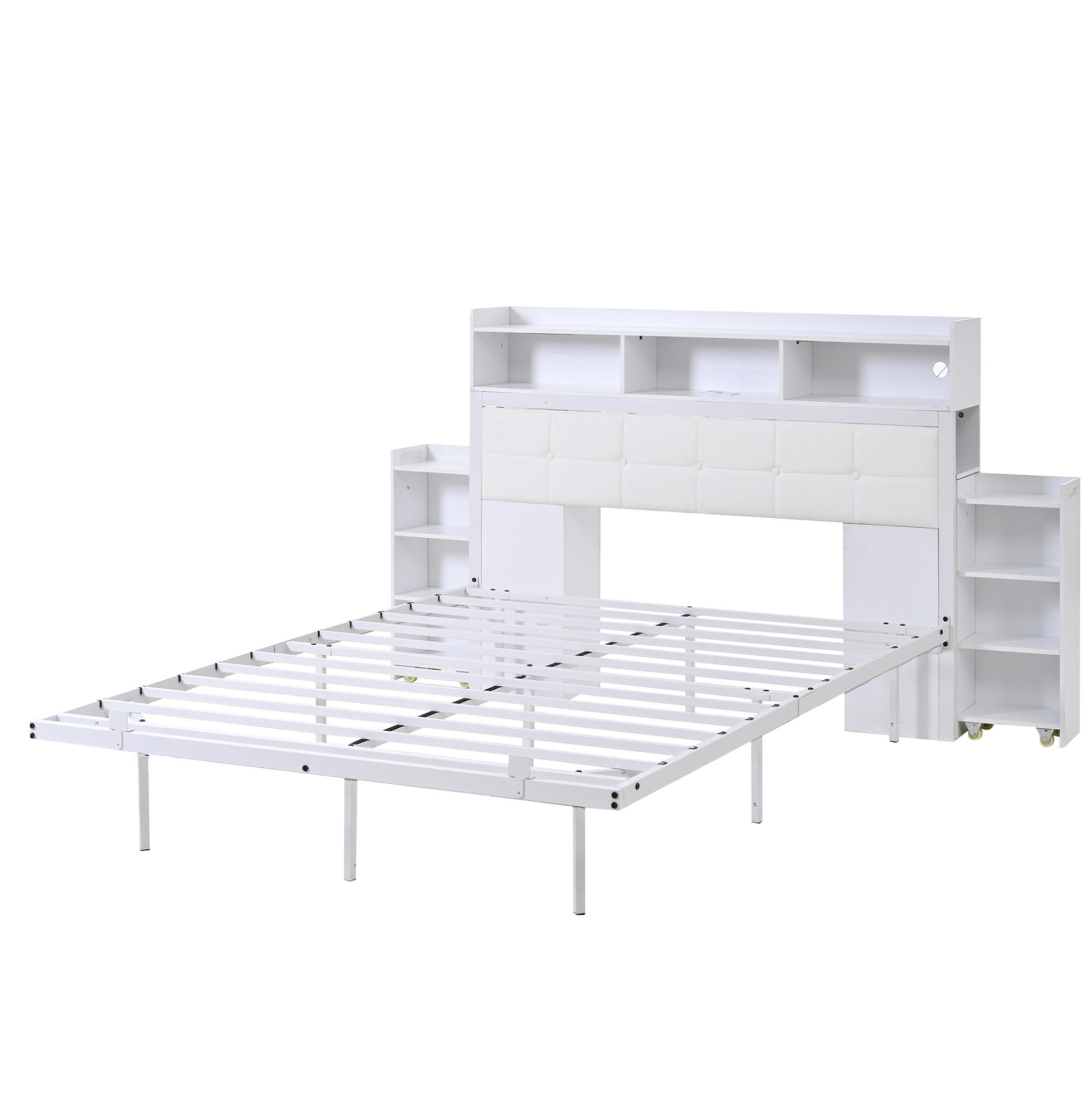 POSTEĽ 140/190 cm, kov/PU, biela, s LED osvetlením, nabíjacou stanicou a nočnými stolíkmi - biela, kov (140/190cm) - BEAOK