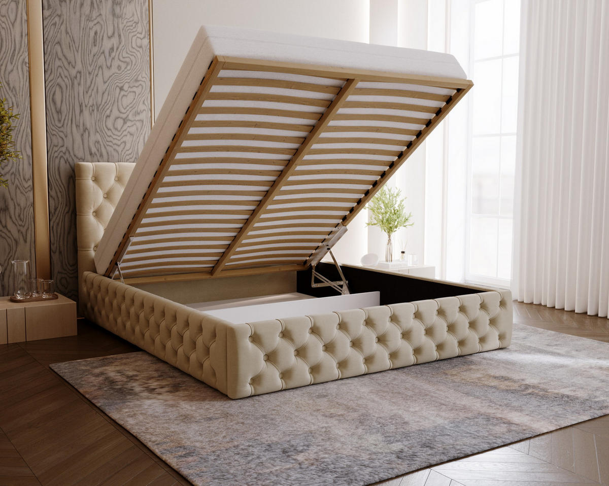 POLSTERBETT 140x200 Verti Slim, Chesterfield, Beige - Beige, Holz/Textil (140/200cm) - Emporius