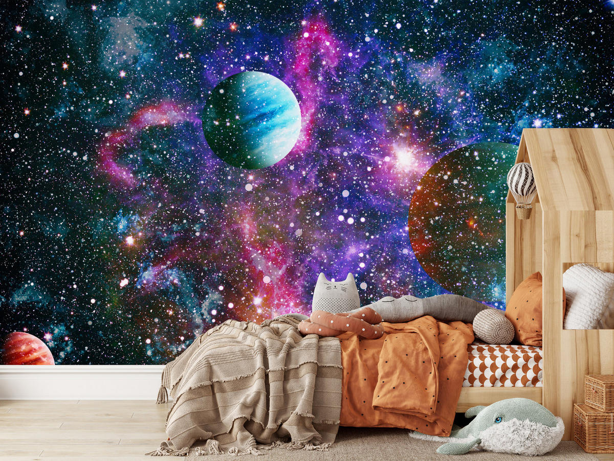 FOTOTAPETE für Schlafzimmer Bunte Planeten Sternenhimmel Kosmos 500x350 - Rot/Violett, Papier (500/350cm) - Muralo