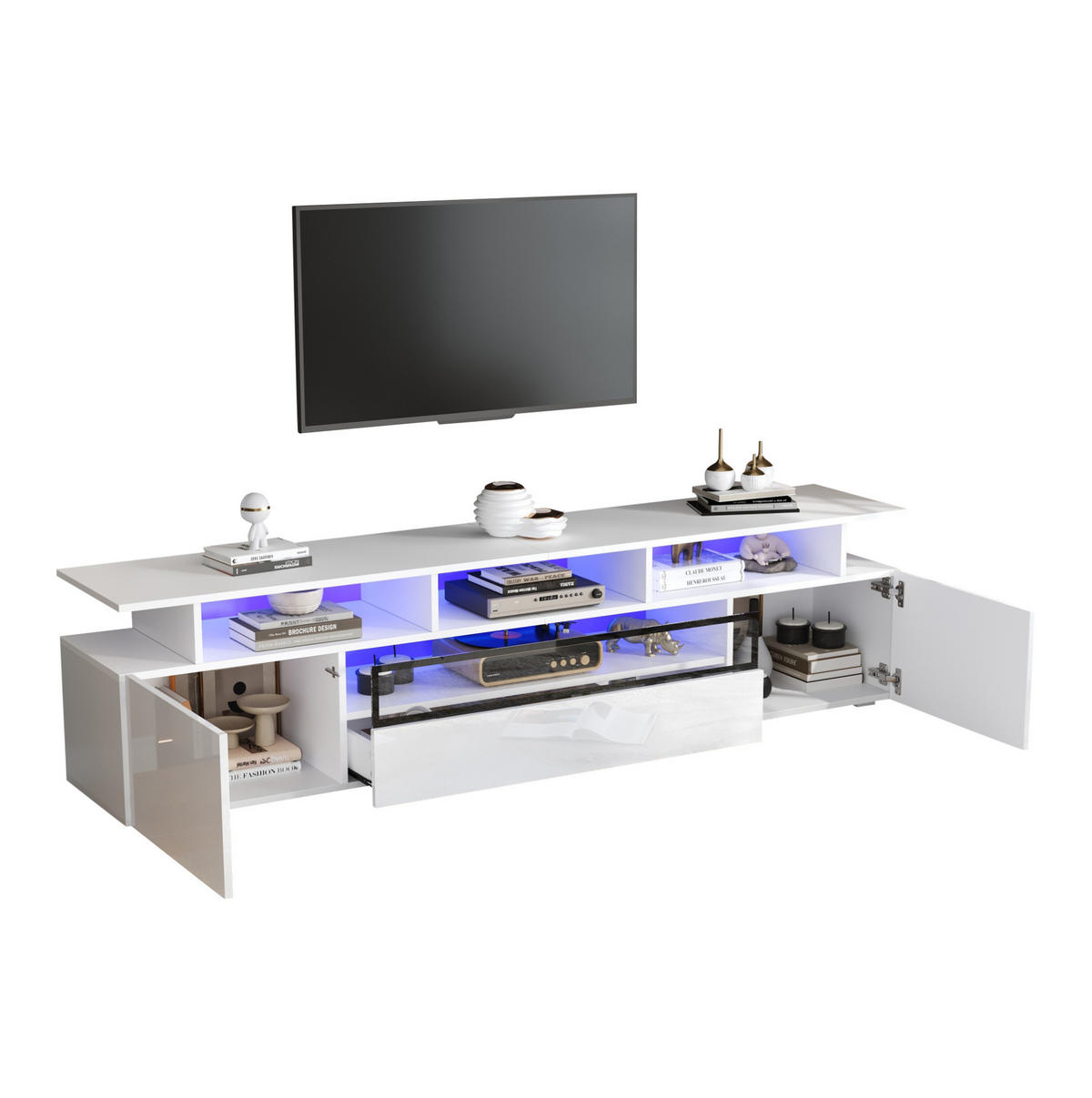 TV-LOWBOARD aus Spanplatte 180x38x45 cm Weiß mit LED-Beleuchtung, 2 Schränken, 1 Schublade und Hochglanzfront - Weiß, Holzwerkstoff (180/45/38cm) - Modfu