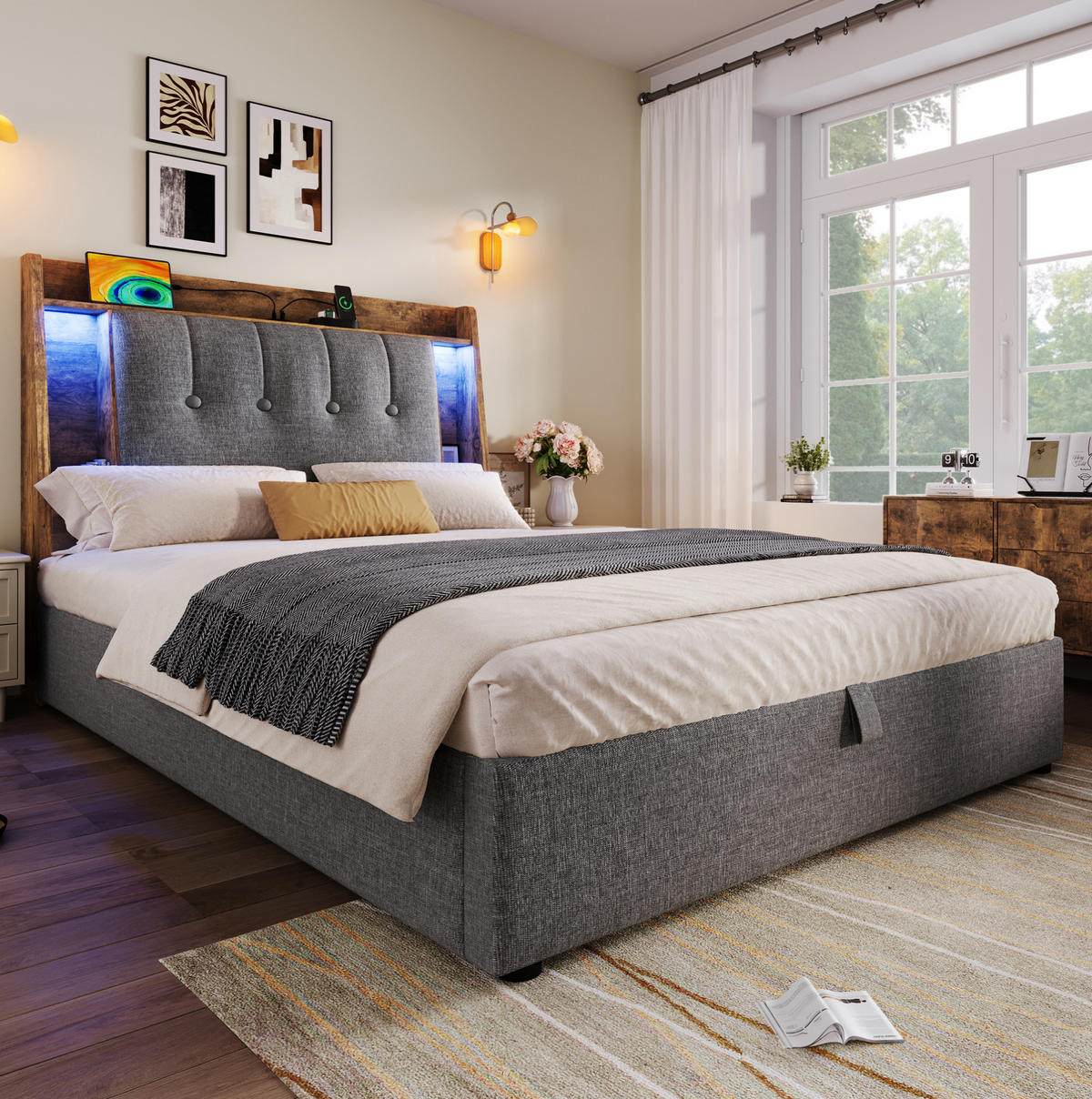 POLSTERBETT 90/200 cm Grau mit Stauraum, LED-Beleuchtung und USB-Anschlüssen - Grau, Textil (90/200cm) - Flora Grace