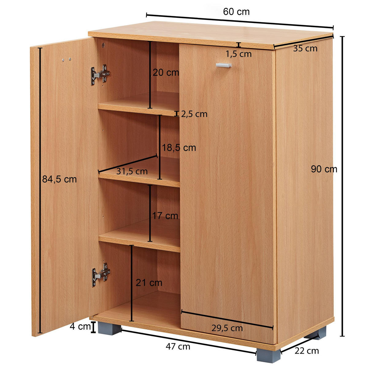 SCHUHSCHRANK Holz mit 2 Türen und 3 Einlegeböden, Braun 60x35x90 cm - Braun/Grau, Holz/Kunststoff (60/90/35cm) - KADIMA DESIGN