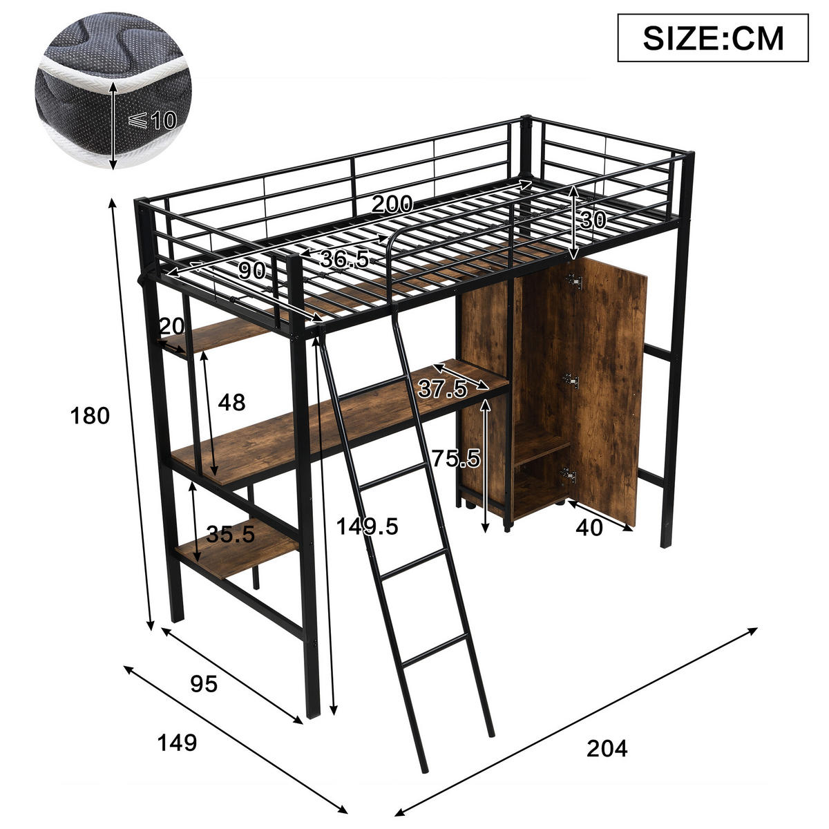 HOCHBETT Mit Bücherregalen, Schreibtisch und Kleiderschrank Schwarz - Schwarz, Holzwerkstoff/Metall - Urban Meuble