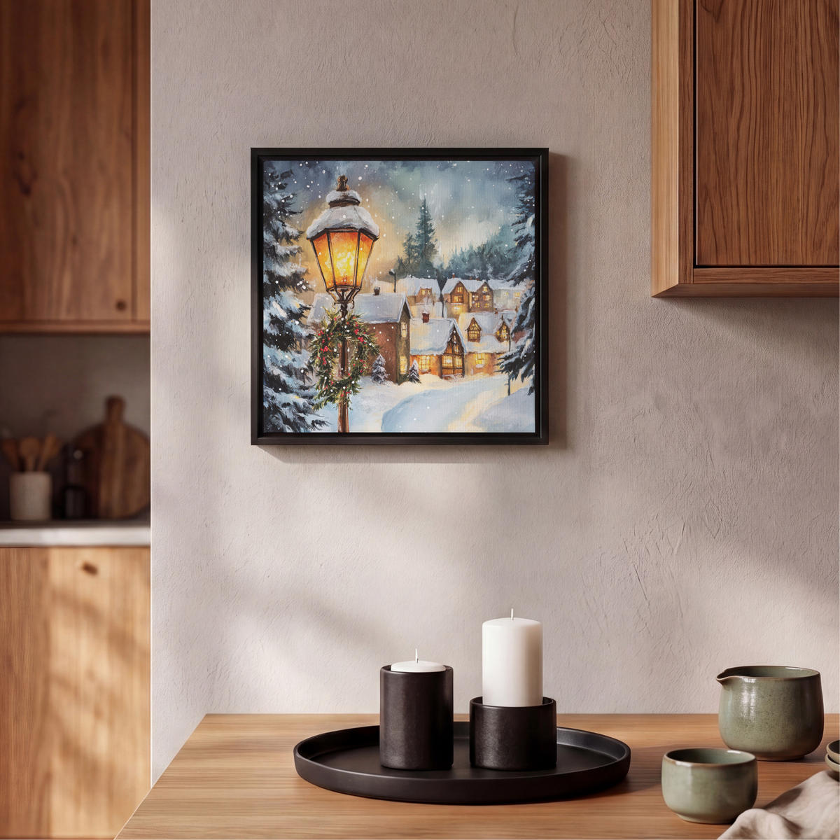 LEINWAND Bilder mit Rahmen - Weihnachtsdorf - Häuser - Schnee - Weihnachten - 20x20 - Sandfarben, Textil (20/20cm) - MuchoWow