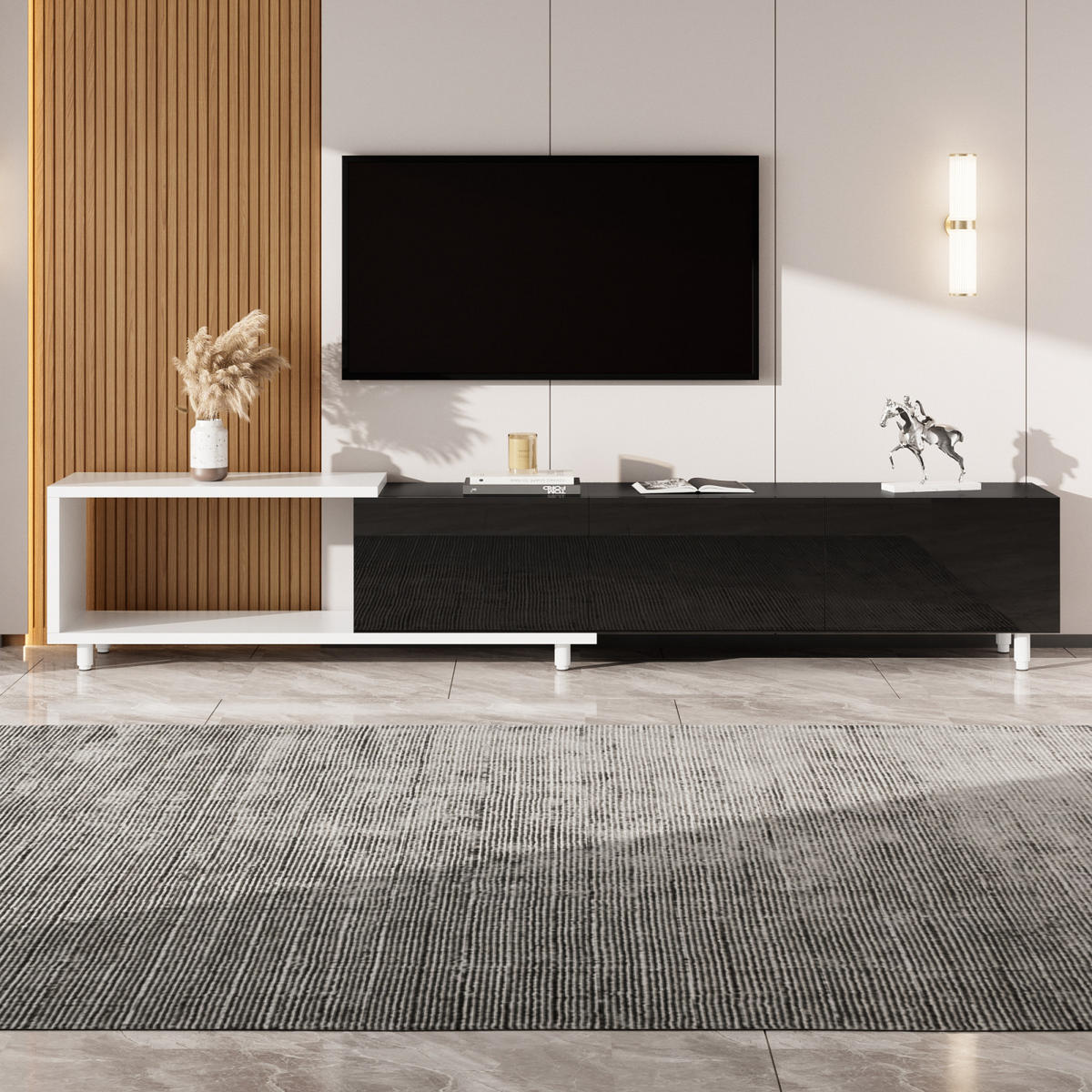 TV-LOWBOARD ausziehbar 258 x 38 x 48,5 cm aus MDF/Spanplatte, 3 Hochglanztüren, Schwarz/Weiß - Schwarz, Holzwerkstoff (258/48/38cm)