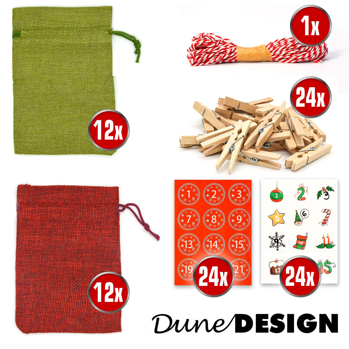 ADVENTSKALENDER zum Selbstbefüllen, 24 Geschenk-Säckchen Rot - Rot, Kunststoff (9.5/3/13cm) - Dunedesign